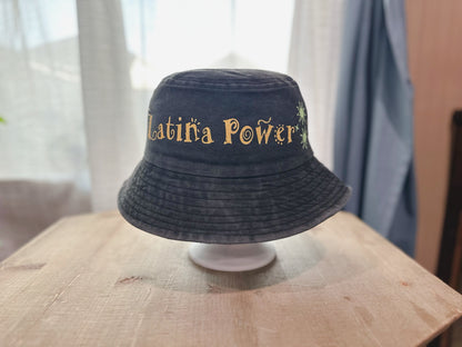 Denim Bucket Hat With Funky Latina Power Design With Sun Design. 