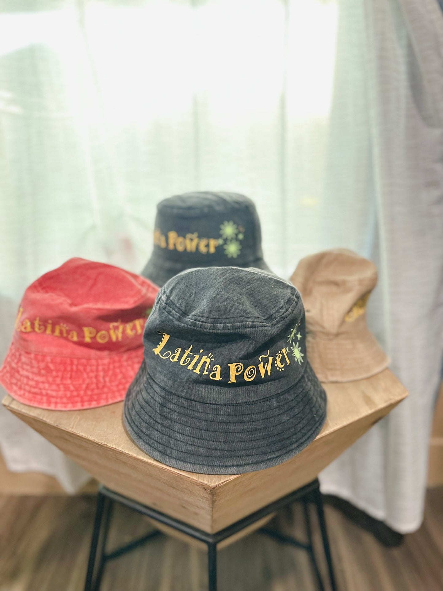 Collection Of Denim Latina Power Bucket Hats. 