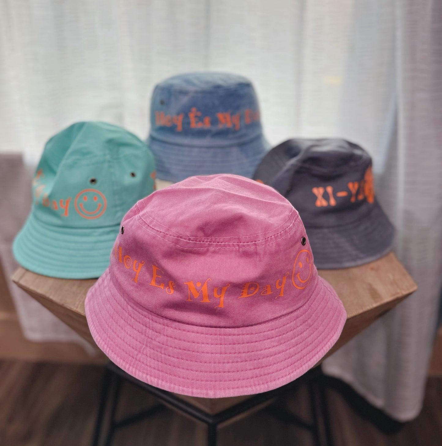 The Collection Of " Hoy Es My Day" Bucket Hat. Colors In Pink, Blue , Gray And Jean. 