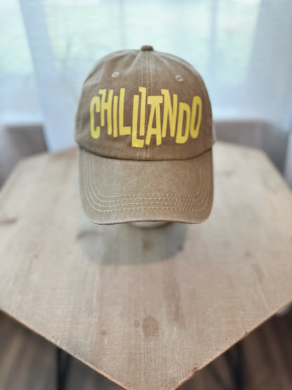 Tan Denim Dad Hat With Yellow Lettering Saying " Cilliando". 