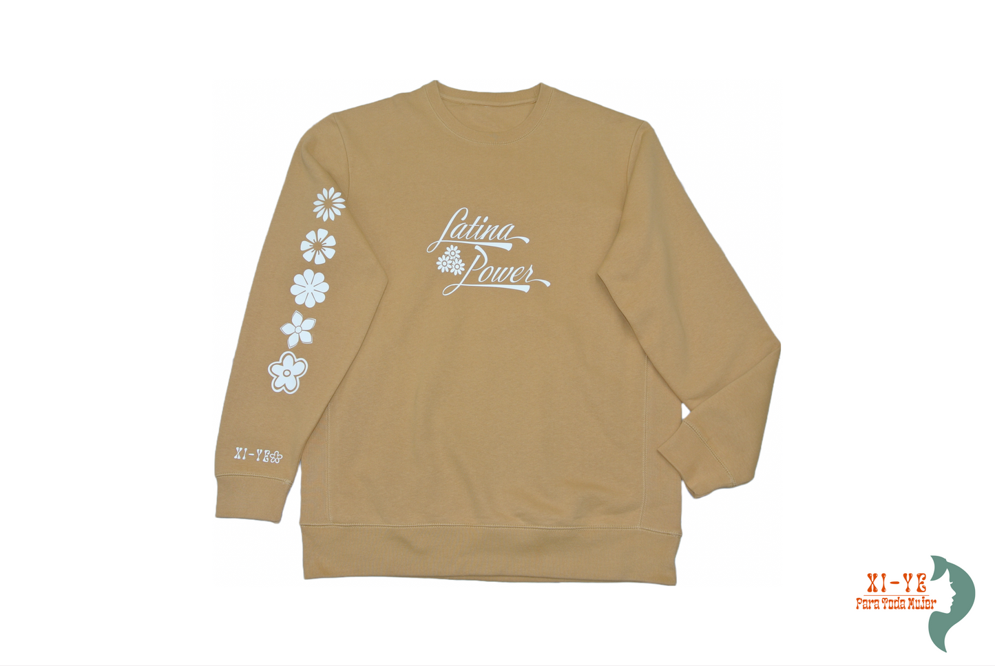 Camel yellow crewneck with "Latina Power" saying with flower design on 1 sleeve. 