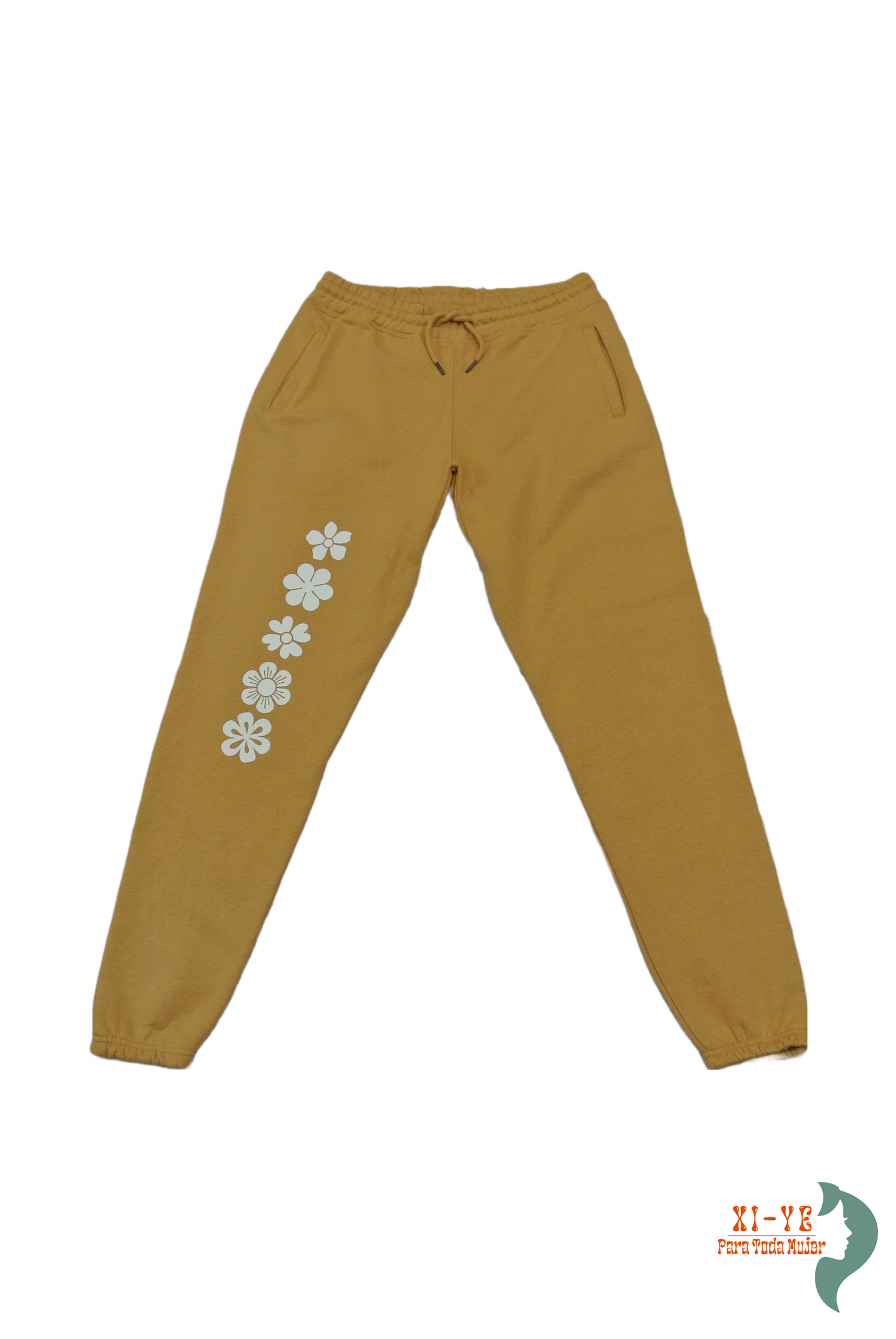 Camel yellow joggers with white flower design on 1 leg. 